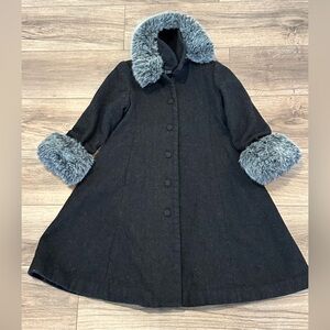 Florence Eisman Girls 6 Gray/Black Dressy Coat with Faux Fur Trim